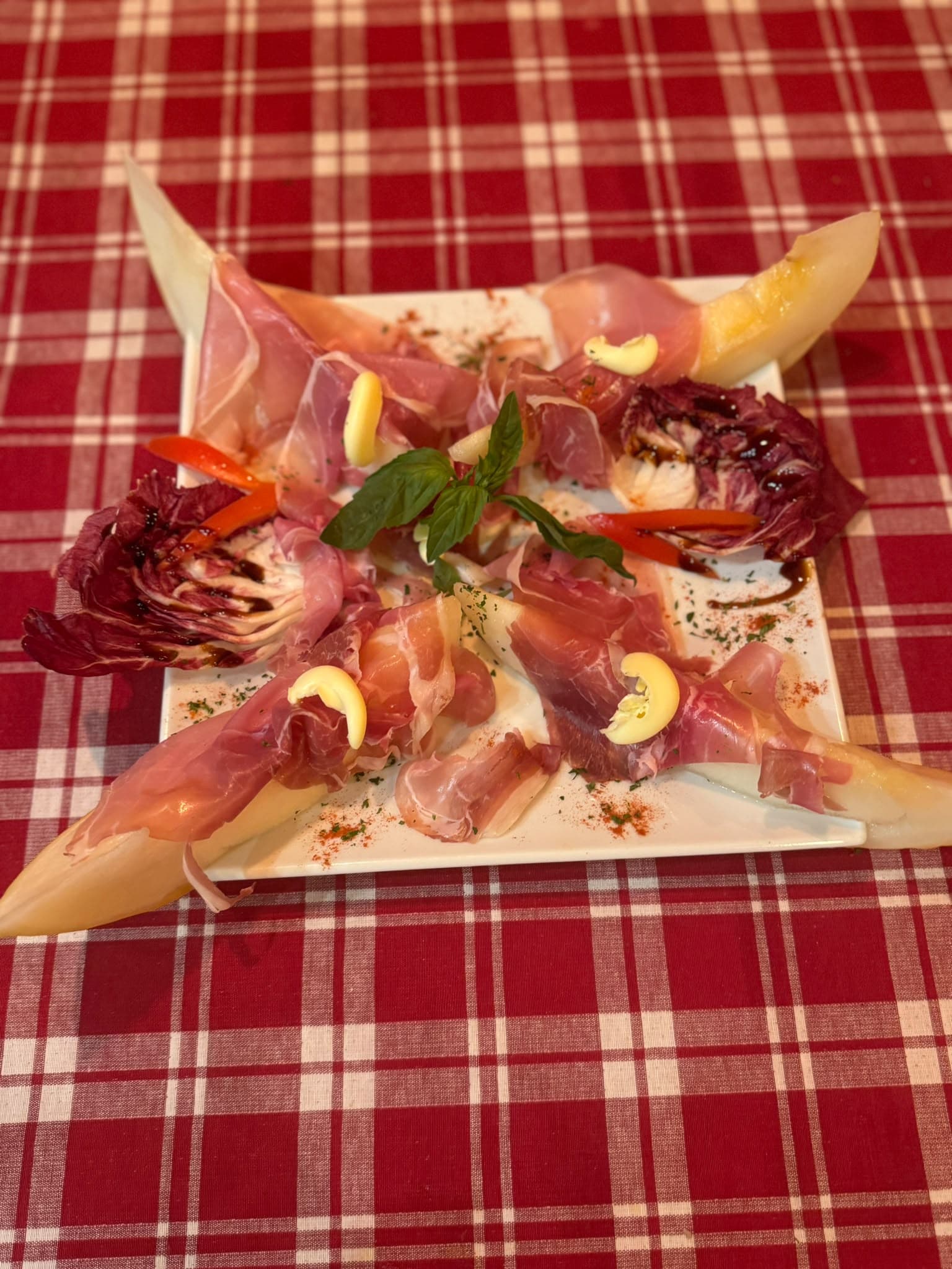 Prosciutto e Melone: Rohschinken auf Melonenspalten mit Radicchio und Basilikum auf einem weißen Teller