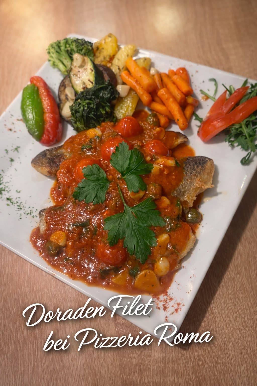 Gebratenes Doradenfilet in Tomatensauce mit gegrilltem Gemüse und Karotten auf einem weißen Teller