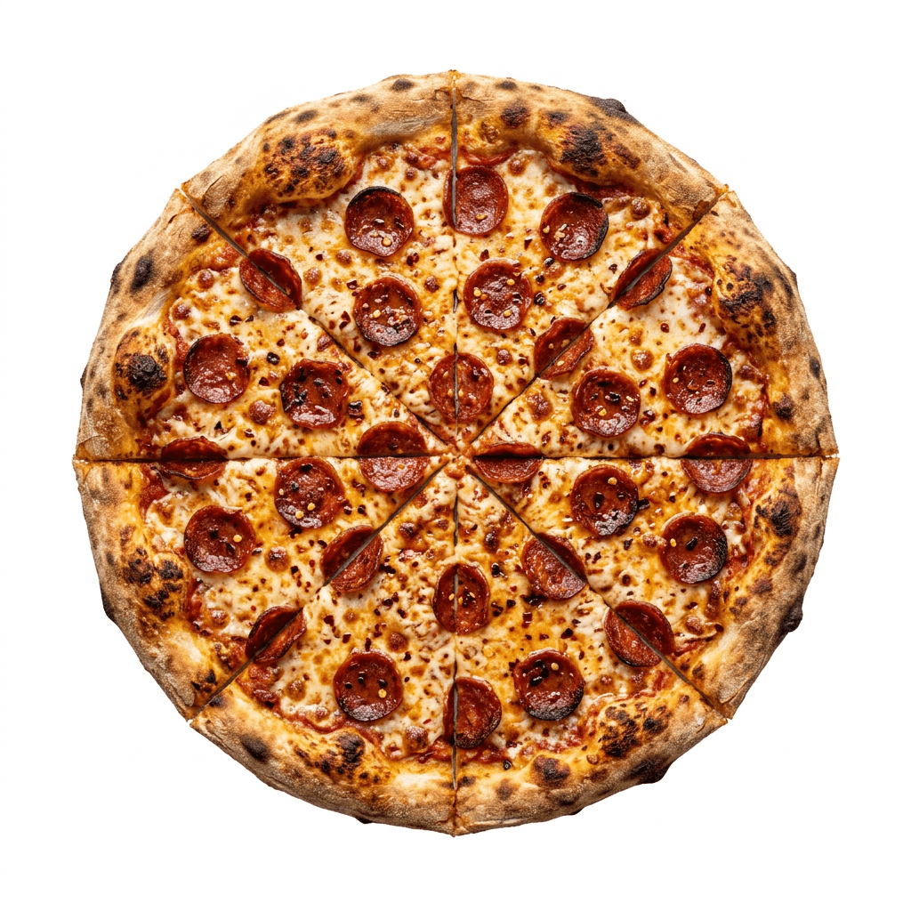 Frisch gebackene Pizza mit Salami von oben